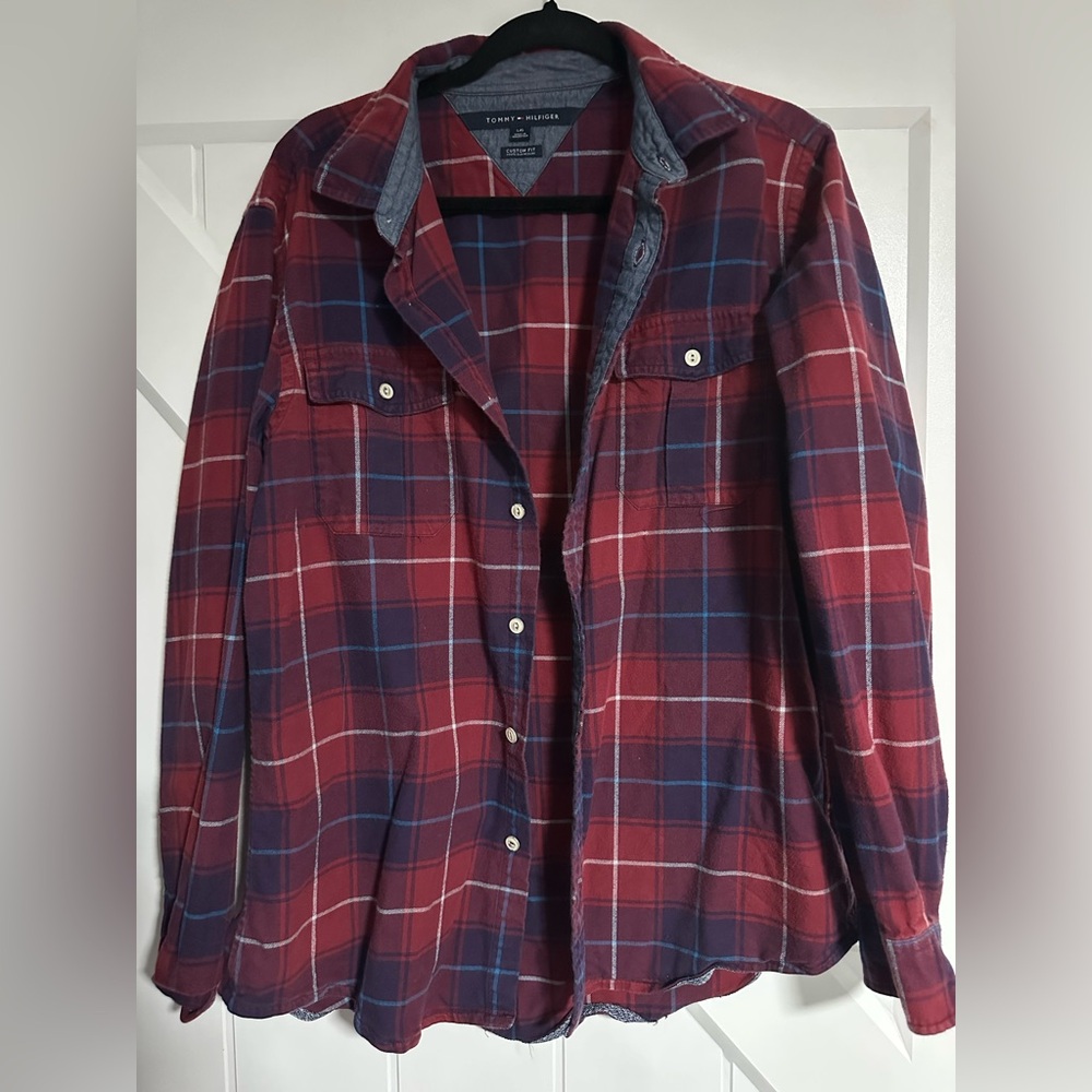 Tommy Hilfiger Red and Blue Plaid Casual Button Down Shirt